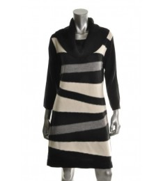 Black-Ivory Cowl Neck Striped Sweater Dress