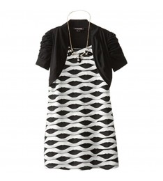  Girl's Metallic Black & Ivory 2Fer Ruched Dress 