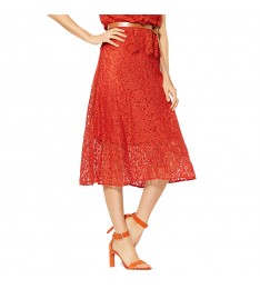 Red Cinnamon Lace Flare-Hem Midi Skirt 