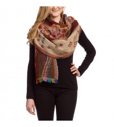 Burgundy & Green Floral Embroidered Wool Shawl