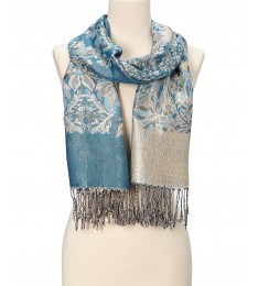 Aqua & Gray Floral Fringe Cashmere-Silk Blend Scarf