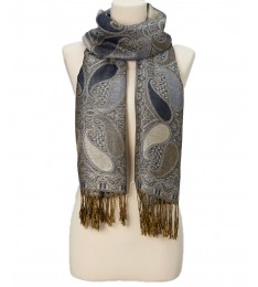 Gray Paisley Metallic Fringe Pashmina-Silk Blend Scarf