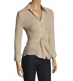 Sand Crinkle Tie-Front Button-Up Shirt