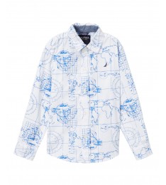 White & Blue Geographic Button-Up