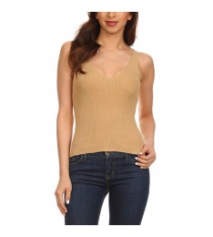 Tan Ribbed V-Neck Tank Top