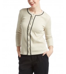 Beige Waffle-Knit Rosette-Trim Cardigan