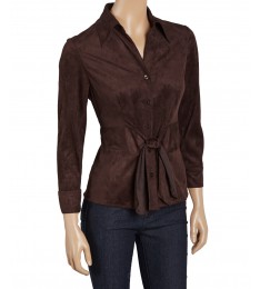Brown Faux Suede Knot-Front Button-Up Top