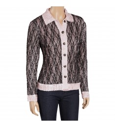 Gloss Pink & Black Lace Pucker Button-Up