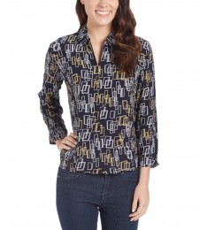 Navy Geometric Zip-Front Top