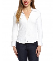 White Embossed Long-Sleeve Zip-Up Top