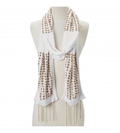 Cream Studded Chain-Fringe Scarf