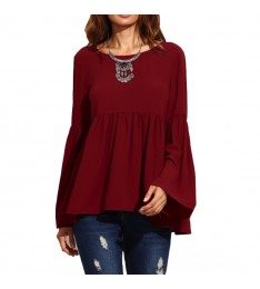 Burgundy Bell Sleeve Babydoll Blouse