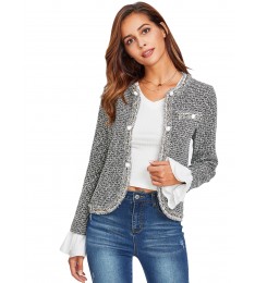 Grey Contrast Ruffle Cuff Curved Tweed Blazer