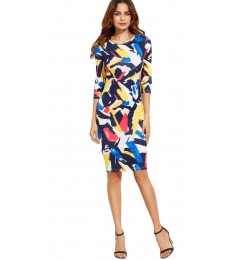 Multicolor Brush Stroke Print Pencil Dress