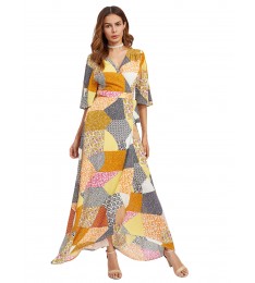 Patchwork Print Surplice Wrap Dress