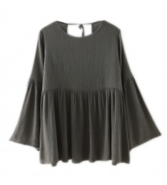 Khaki V-Cut Back Fluted Sleeve Babydoll Blouse