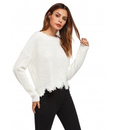 White Low Back Scallop Raw Edge Jumper
