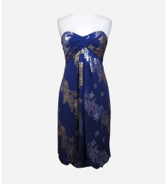 Silk Purple Metallic Floral Patterned Strapless Cocktail Dress
