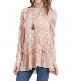 Pink Crochet-Overlay Accordion-Hem Tunic