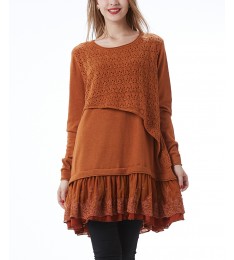 Rust Asymmetrical Crochet Lace-Layered Tunic