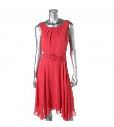 Womens Red Chiffon Belt Sheer Dress