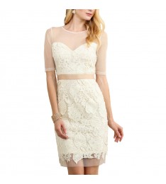 Ivory Floral-Lace Sheer-Yoke Sweetheart Dress