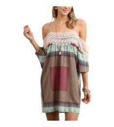 Mint & Brown Geometric Off-Shoulder Dress