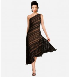 Tadashi Shoji Navy Sheer Pintucked One Shoulder Semi-Formal Dress