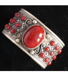 Red Tibet Coral Silver Cuff Bracelet