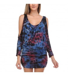 Blue & Red Abstract Tie-Dye Cutout Blouson Dress