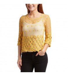 Mustard Floral Crochet Three-Quarter Sleeve Top