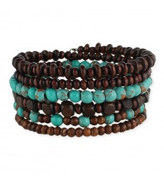 Turquoise & Dark Brown Wood Beaded Coil Bracelet