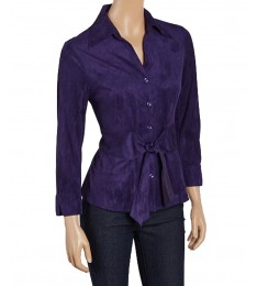 Purple Faux Suede Knot-Front Button-Up Top