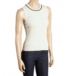 Beige Waffle Knit Rosette -Trim Tank