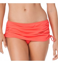 Coral Super Solids Side-Shirred Skirted Bikini Bottoms