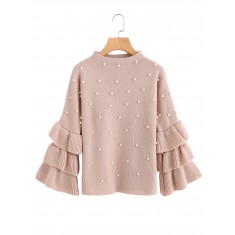Pink Pearl Beaded Layered Ruffle Sleeve Shirt