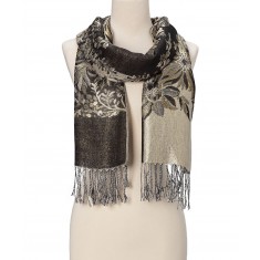Black & Gray Floral Fringe Cashmere-Silk Blend Scarf