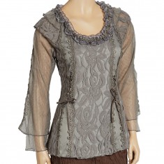 Grey Waved Lace Linen-Blend Top