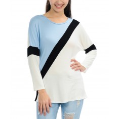 Light Blue & White Color Block Scoop Neck Top