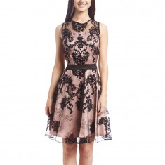 Black & Dust Pink Lace Overlay A-Line Dress