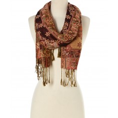Burgundy & Beige Floral Fringe Silk-Blend Scarf