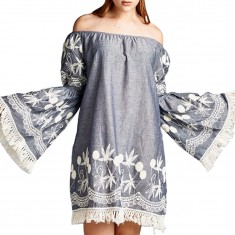 Navy Fringe-Trim Off-Shoulder Dress