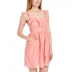 Coral Ruffle Pocket Silk-Blend Sleeveless Dress