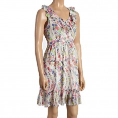 White & Pink Floral Ruffle Sleeveless Dress