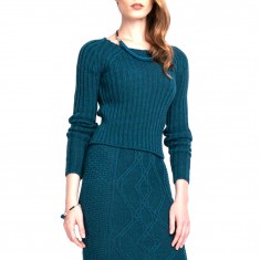 Turquoise Rib-Knit Scoop Neck Wool-Blend Pullover