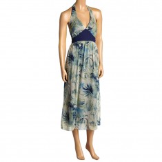 Navy Blue & Green Botanical Silk Halter Dress