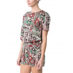Coral Geometric Open-Back Romper