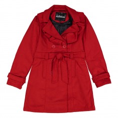 Crimson Wool-Blend Ruffle Belted Peacoat