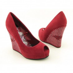 Burgundy Peep Toe Wedge Suede Shoes