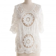White Crochet Scallop-Hem Top 